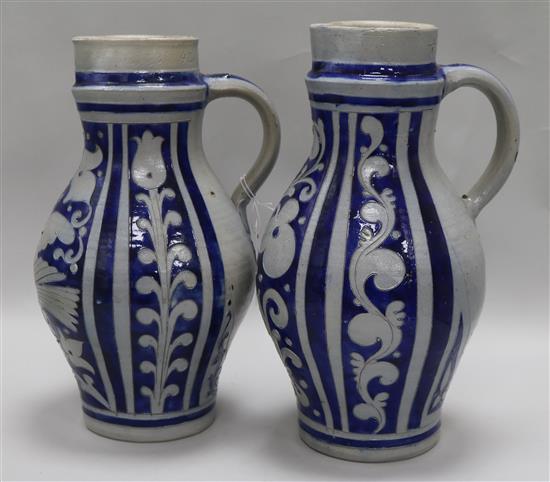 Two German blue stoneware ewers